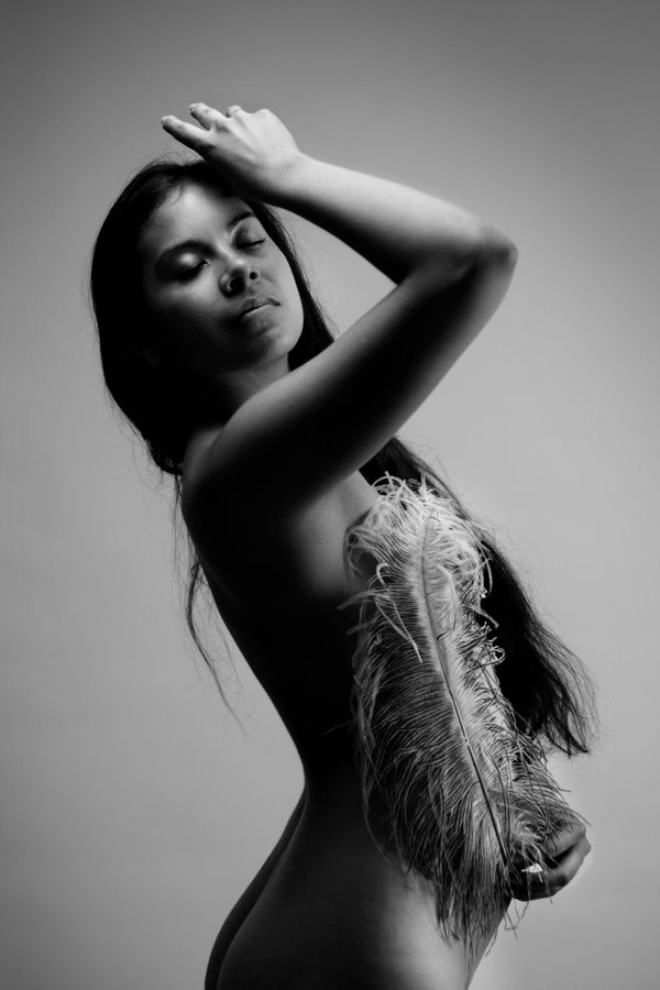 Portrait en noir et blanc d'Ana, en studio, chez moi à Caluire-et-Cuire. Elle est nue, seulement vêtue d'une plume d'autruche.