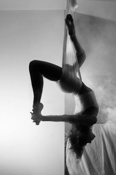 Sydney is streching in her craddle